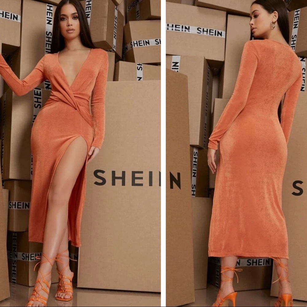 SHEIN Plunging Wrap Front Split Thigh Dress